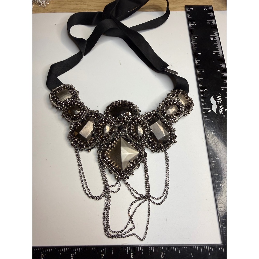 Gunmetal Crystal Beaded Bib Necklace Black Satin Ribbon Tie Draped Chain Detail